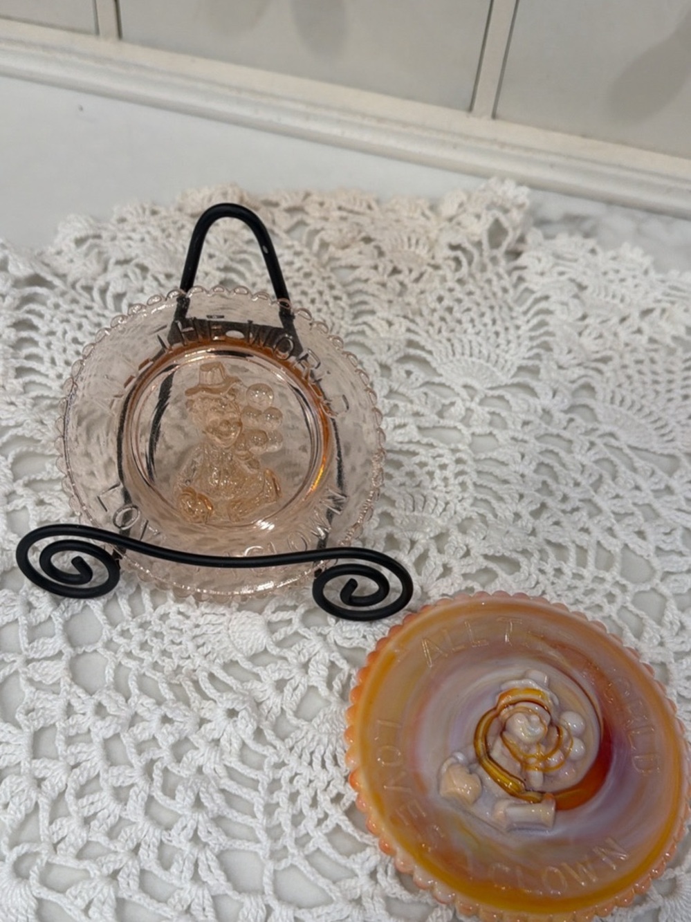 Vintage Mosser Pink Carnival Glass Mini Plates - Everyone Loves a Clown